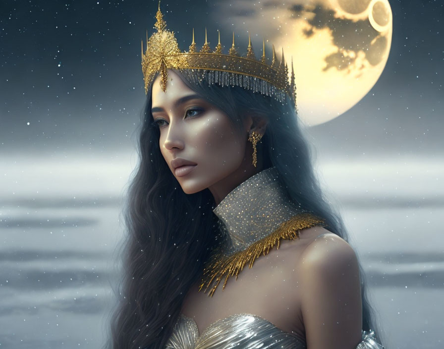 Regal woman in golden crown under luminous full moon