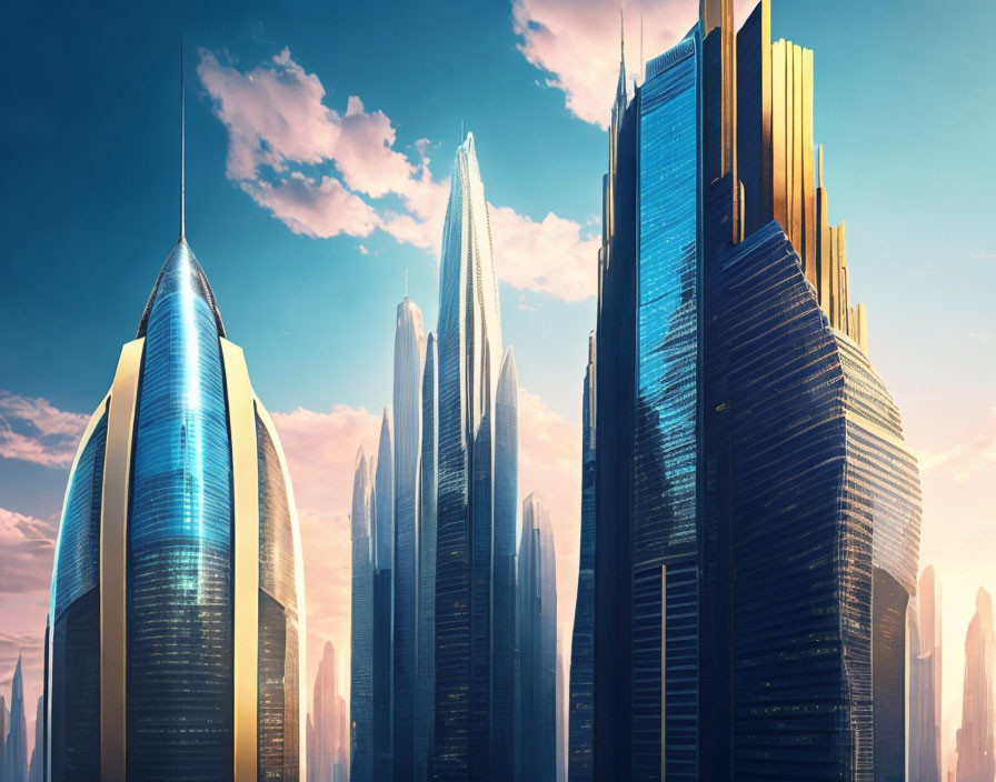 Modern skyscrapers in futuristic cityscape under dramatic sky