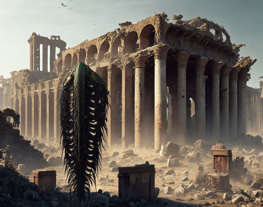 Abandoned Roman temple with tall columns and mysterious feathered entity