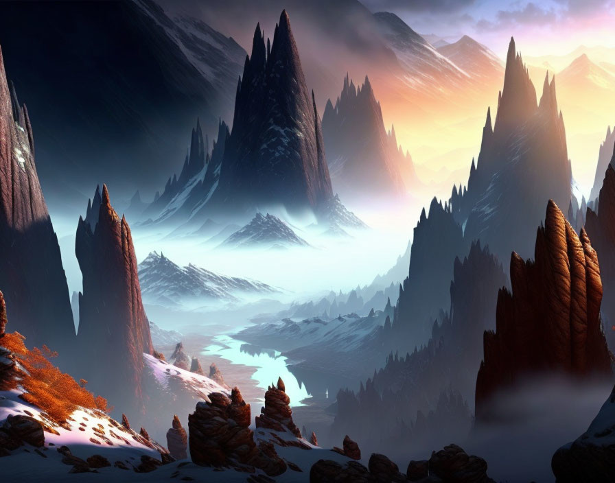 Fantasy landscape with rocky spires, serene river, and day-to-night sky