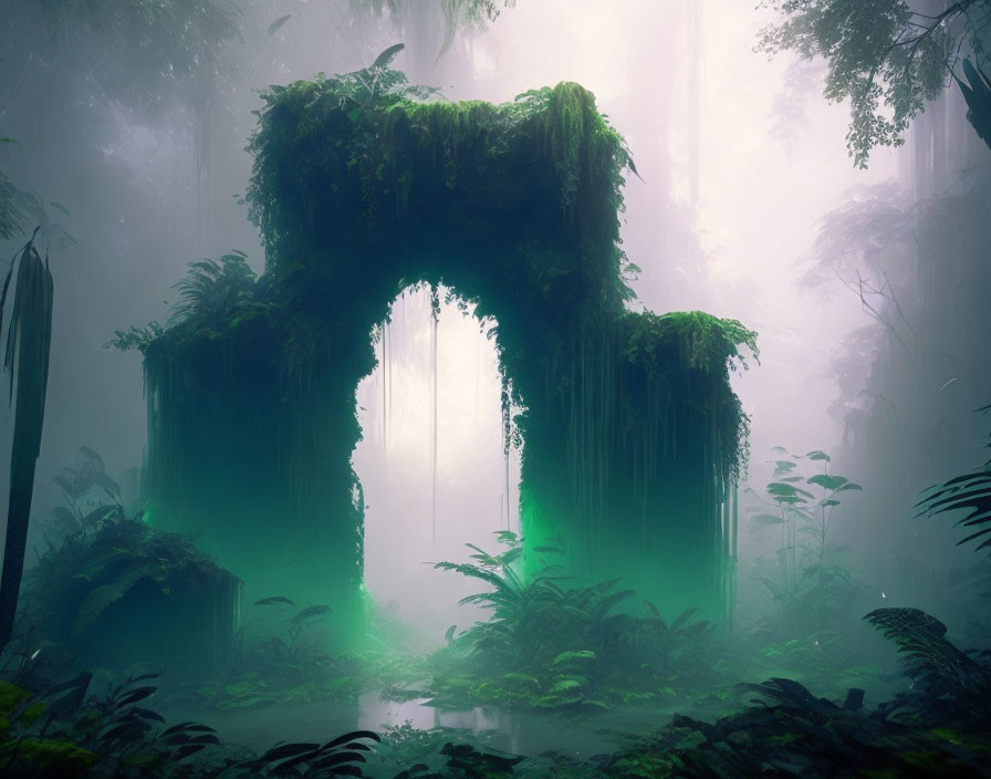 Enchanting green forest with misty archway and serene atmosphere