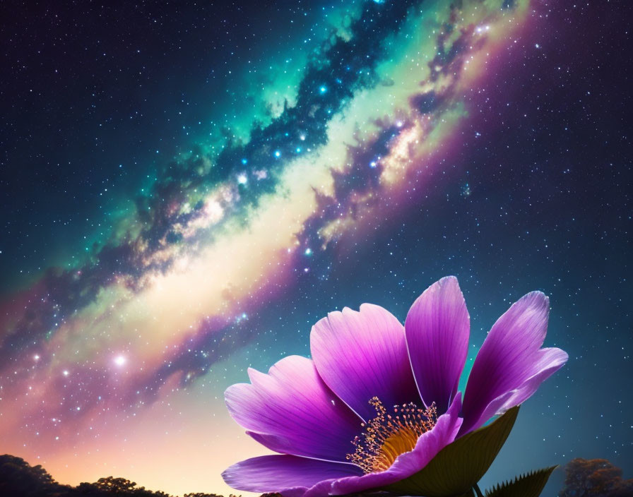 Vibrant purple flower under mesmerizing starry sky with colorful Milky Way.