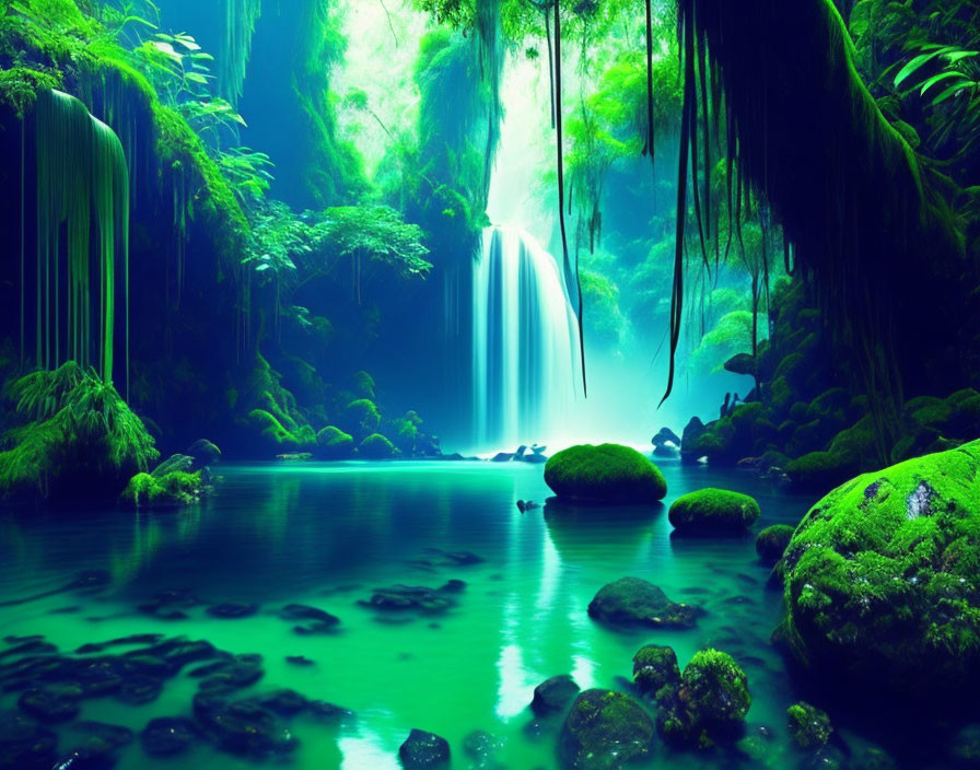 Tranquil turquoise waterfall in lush green forest