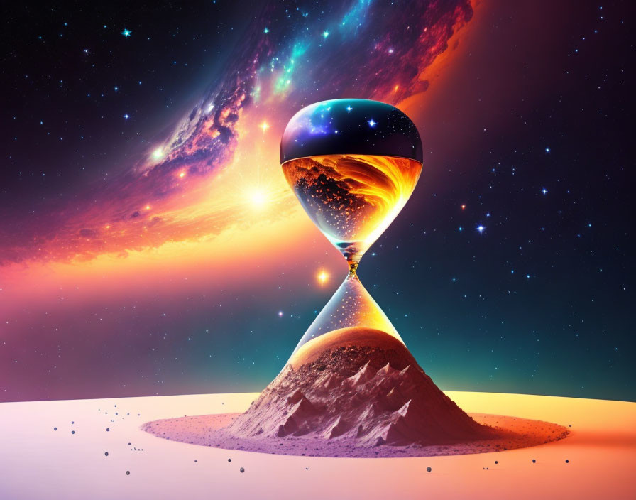 Surreal hourglass with cosmic backdrop and flowing sand mound