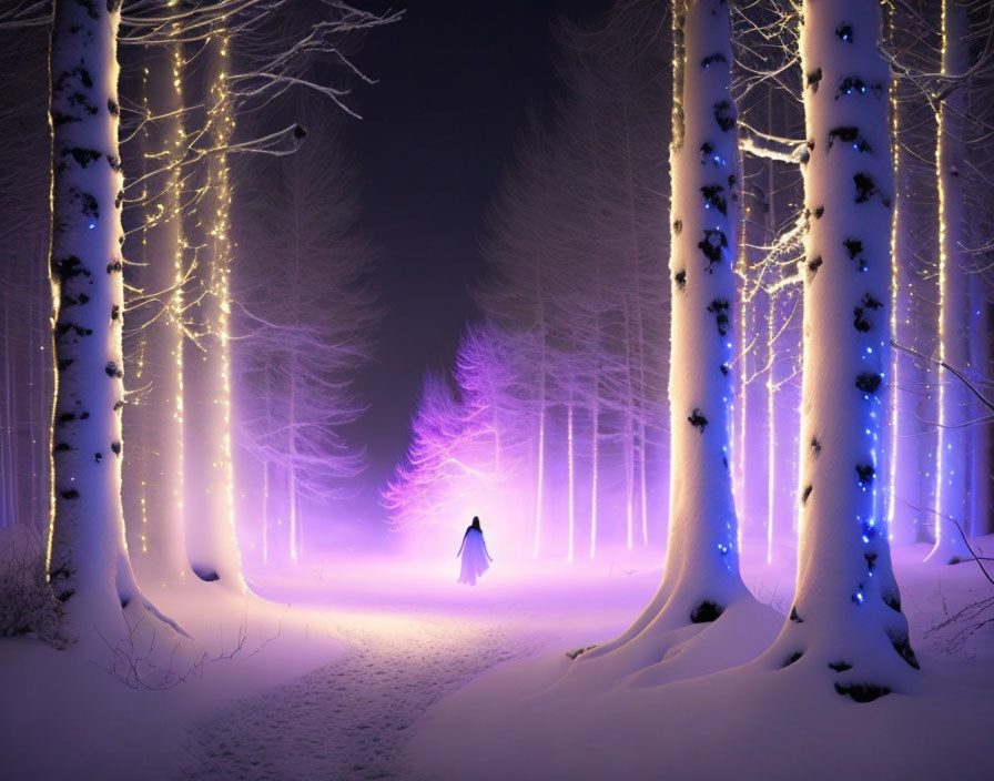 Solitary figure in snowy forest with purple and white lights