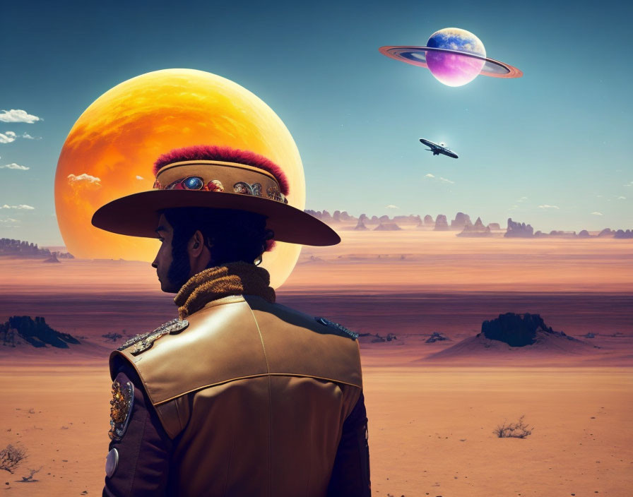 Futuristic military uniform gazing at desert with alien planets and spacecrafts