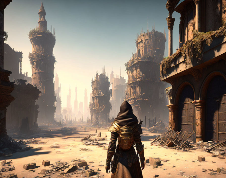 Cloaked figure in ruins gazes at distant towers under hazy sky