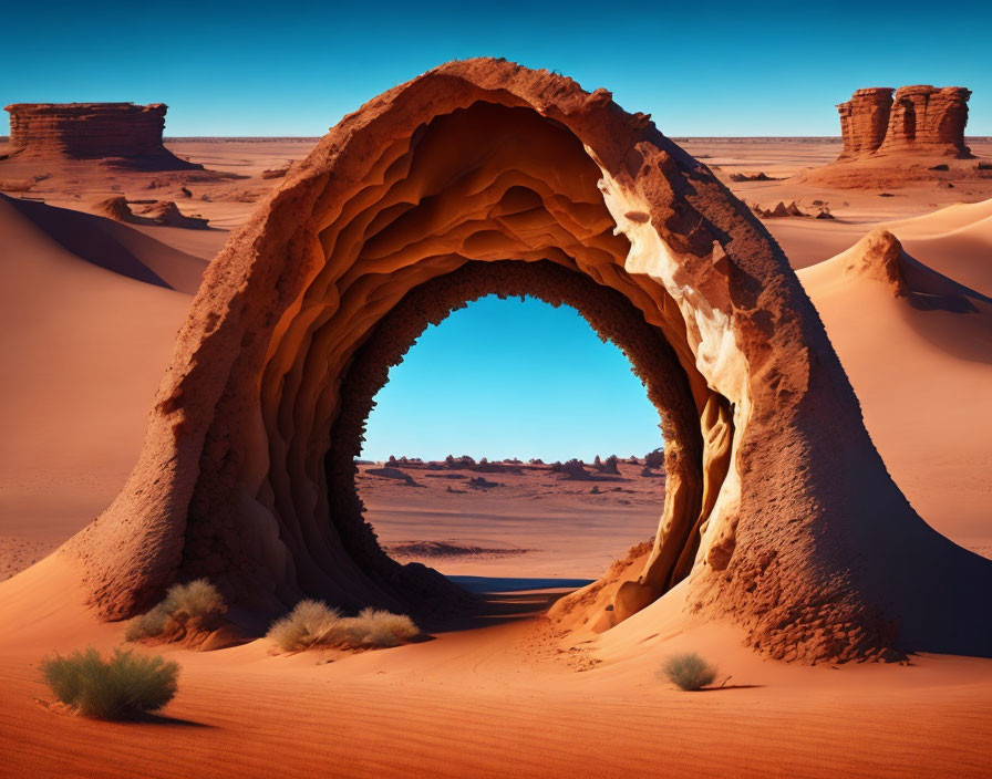 Desert sandstone arch with orange sands and rock towers.