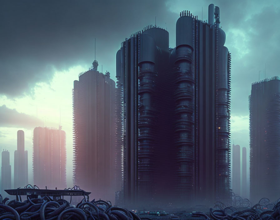 Futuristic cityscape with towering skyscrapers under a dusky sky