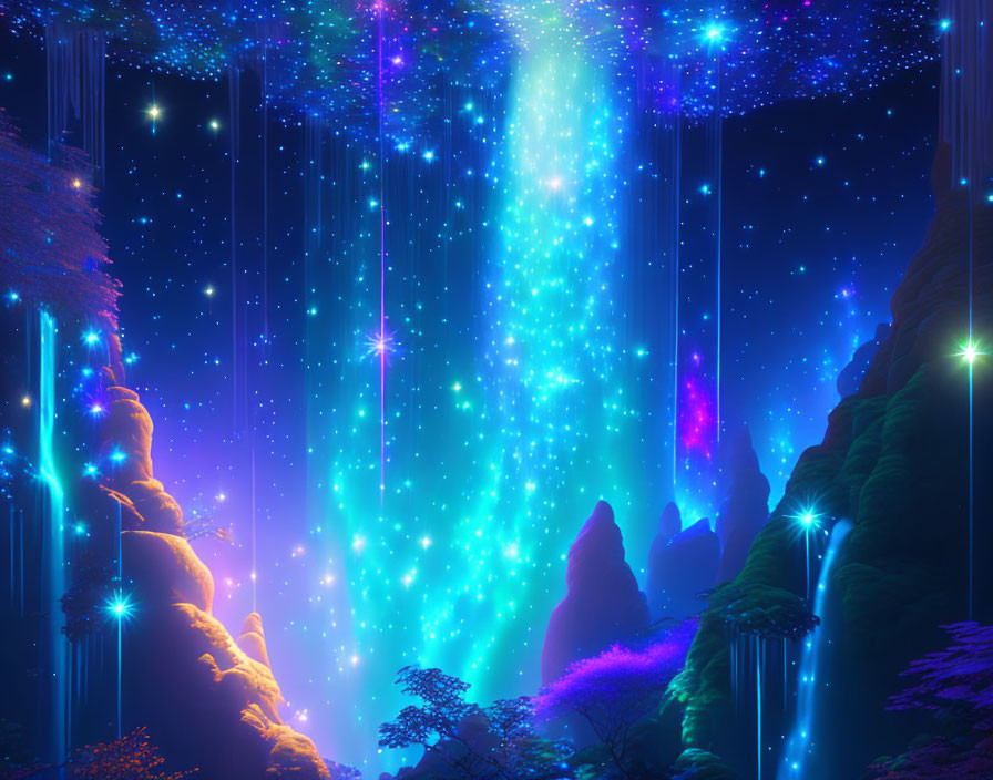 Colorful digital art: Glowing waterfalls, radiant trees, starry sky