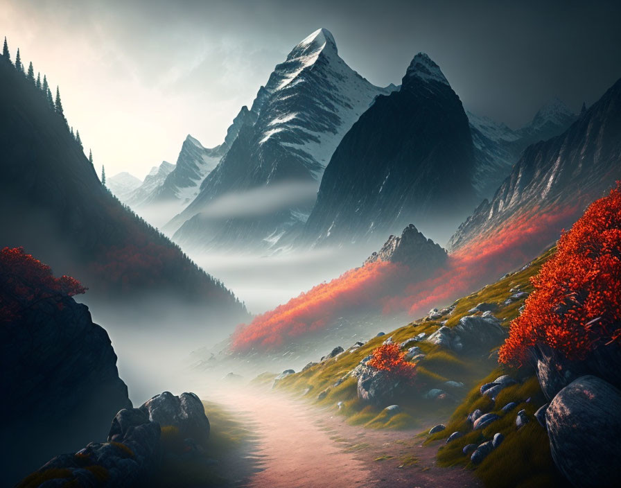 Misty mountain range with red foliage and pathway