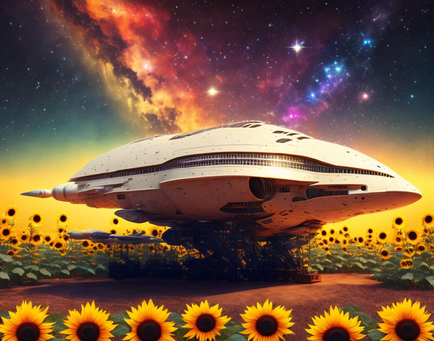 Futuristic spaceship in sunflower field at dusk