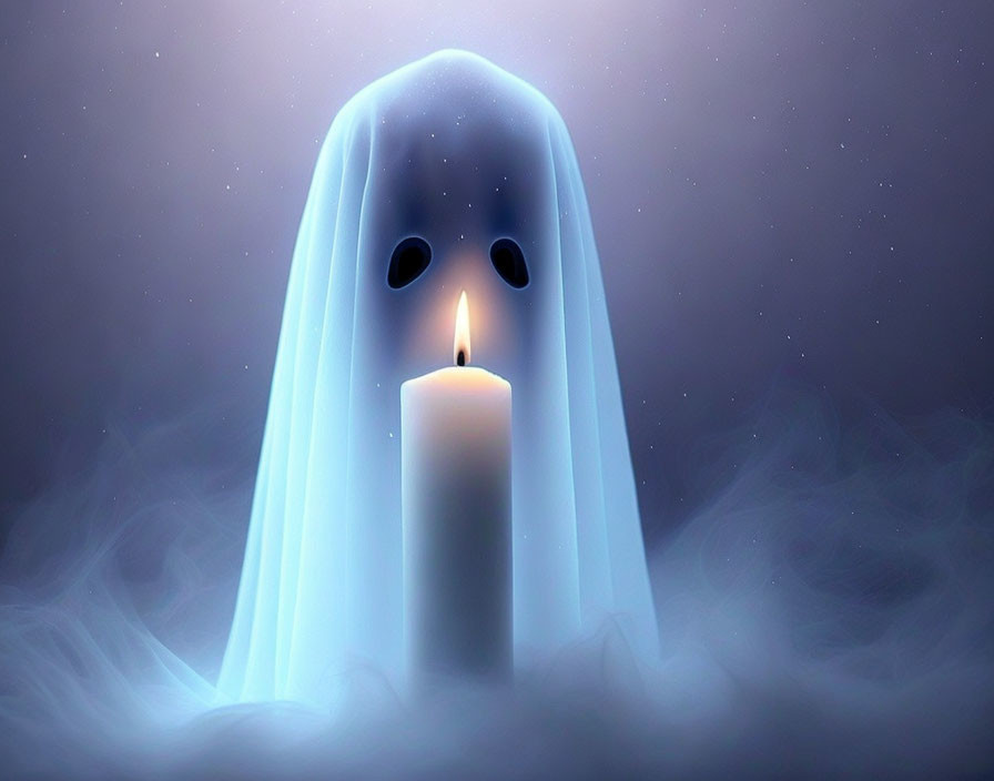 Cartoon ghost with big eyes and lit candle in serene night scene