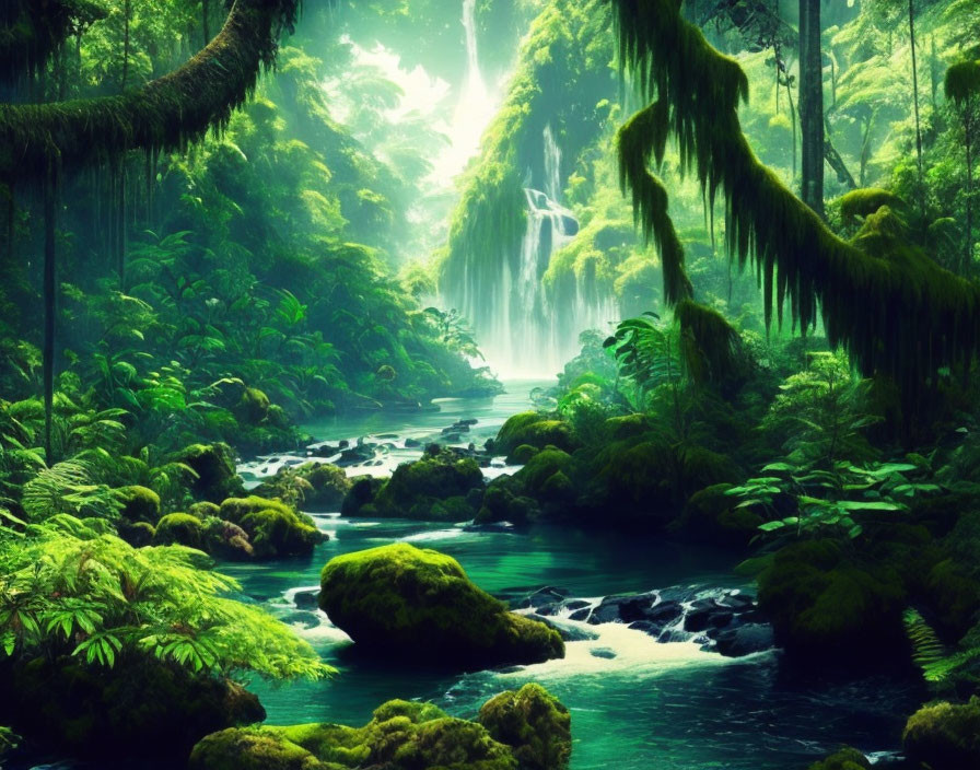 Serene forest scene with waterfall, moss-covered stones, and sunlight filtering through foliage