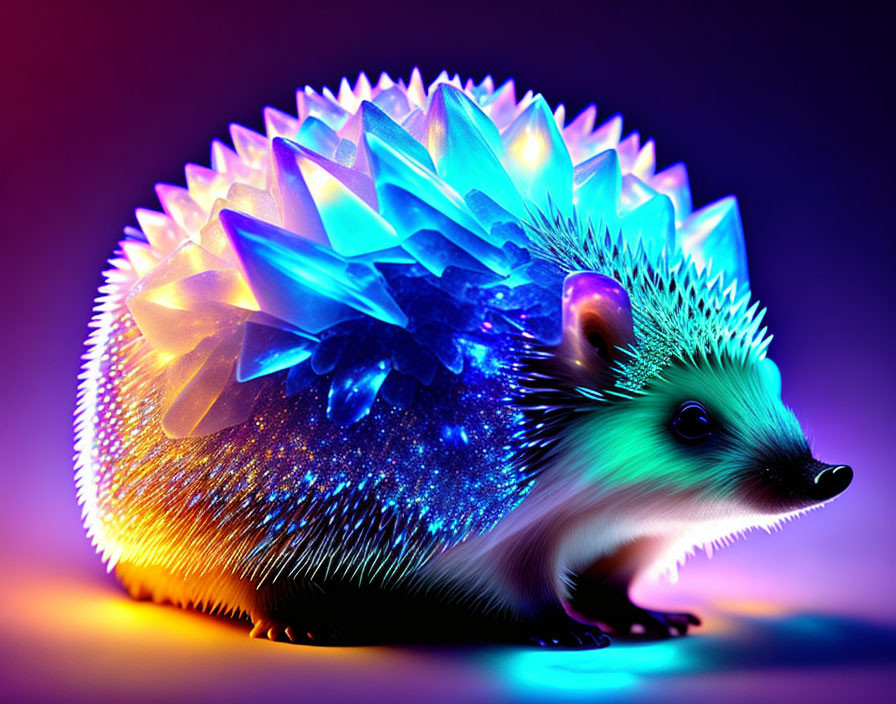 Luminescent crystal-like spines on fantastical hedgehog against vibrant gradient.