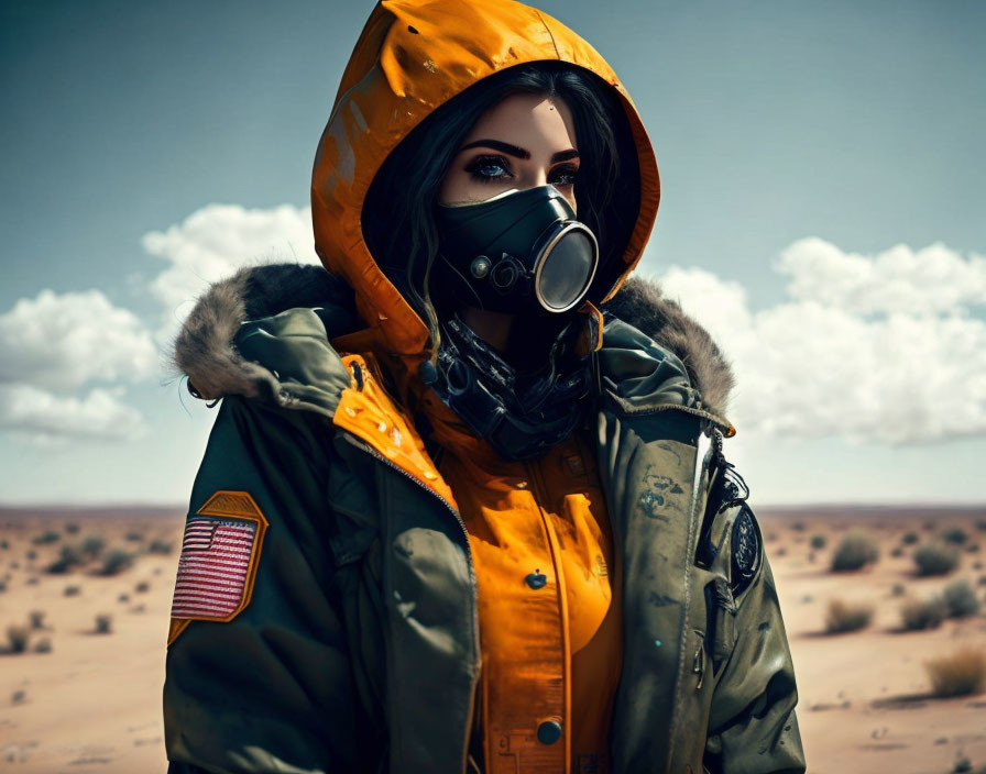 Person in yellow hooded parka with fur collar and black gas mask in desert.