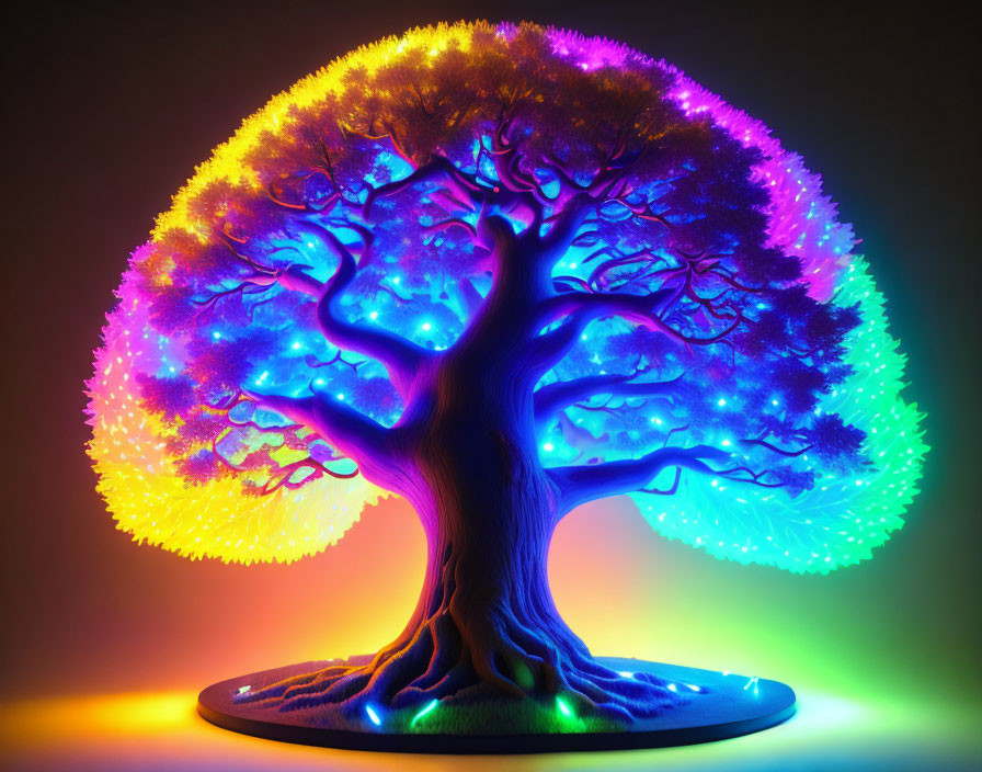 Vibrantly colored illuminated artificial tree with glowing rainbow canopy