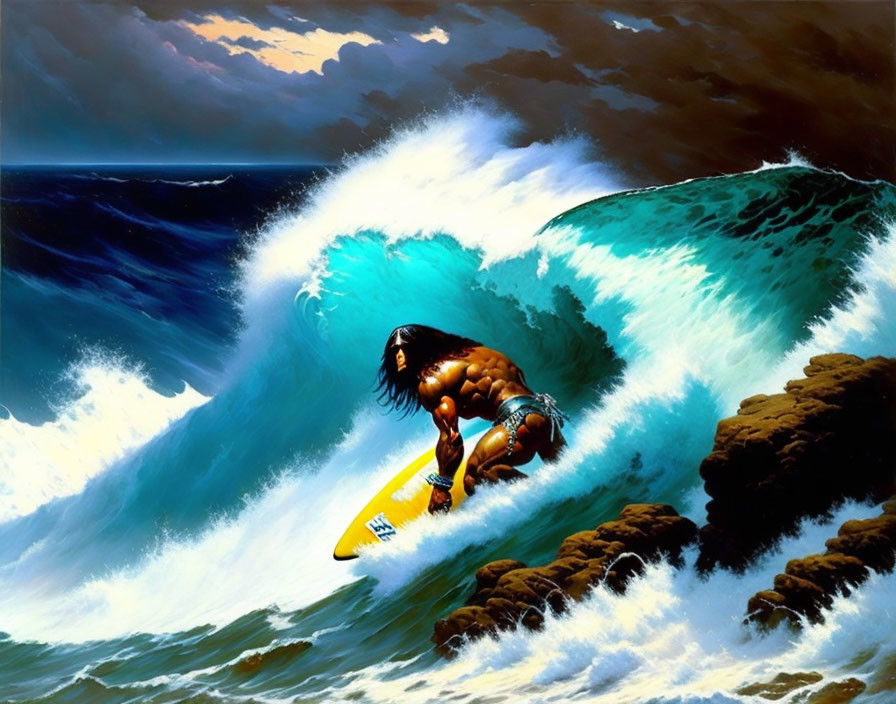 Muscular surfer riding large wave near rocky cliffs under dramatic sky