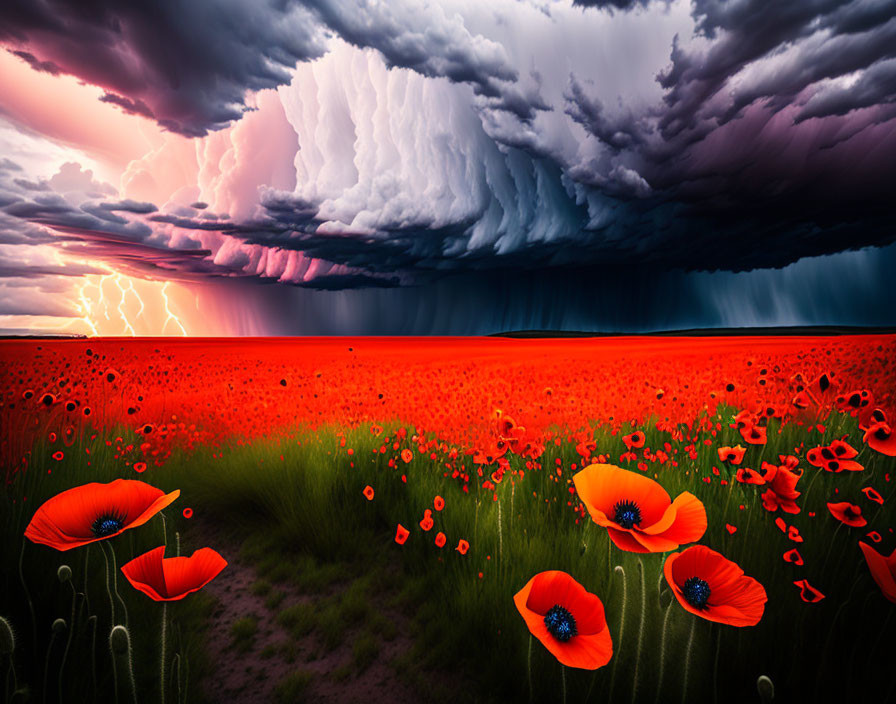 Dramatic stormy sky with lightning over vibrant red poppies