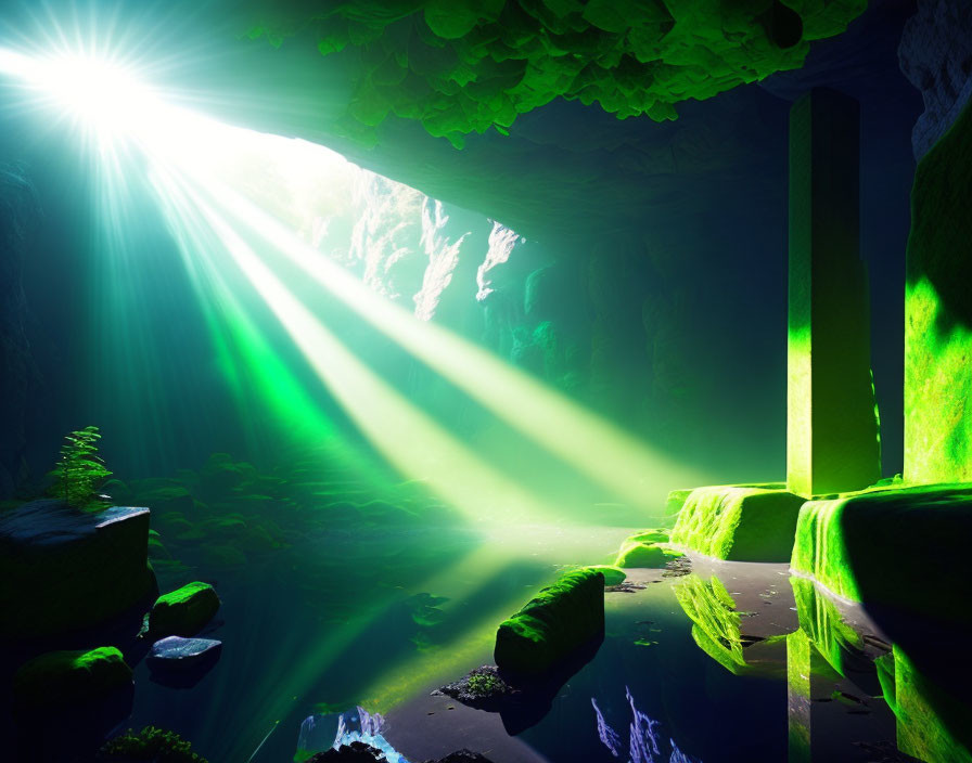 Lush cave with vibrant green moss and tranquil water illuminated by sunlight