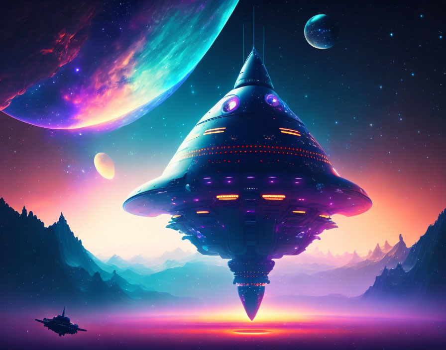 Futuristic spaceship over vibrant alien landscape