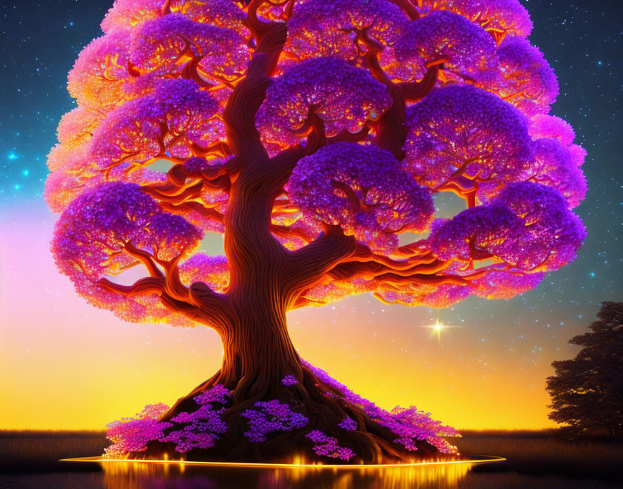 Majestic tree with purple foliage under starry sky reflected in water