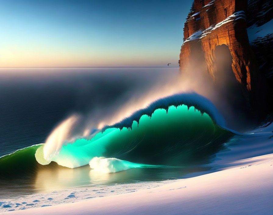 Transparent crest of vibrant wave crashing on snowy shoreline