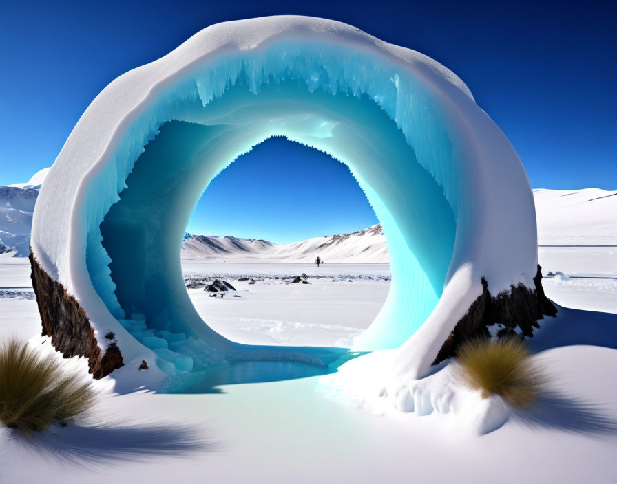 Snow-covered landscape with icy blue archway under clear sky