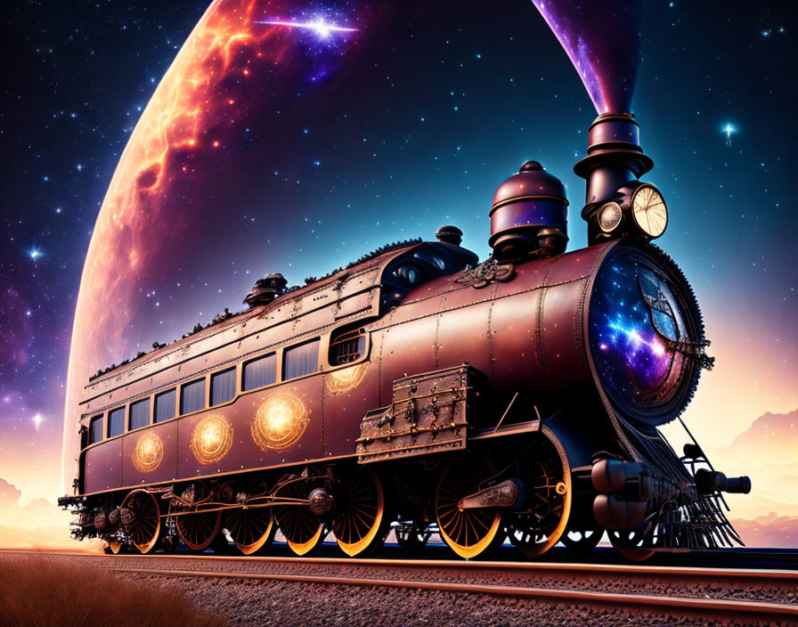 Vintage Steam Locomotive on Tracks with Cosmic Twilight Sky