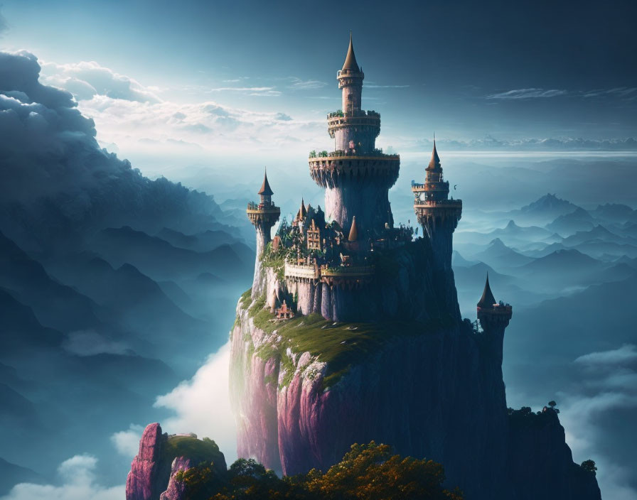 Majestic castle on cliff with mountains and clouds