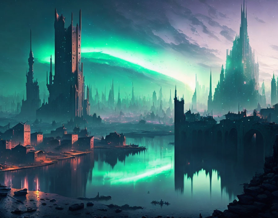 Vibrant green auroras illuminate calm river in fantastical cityscape