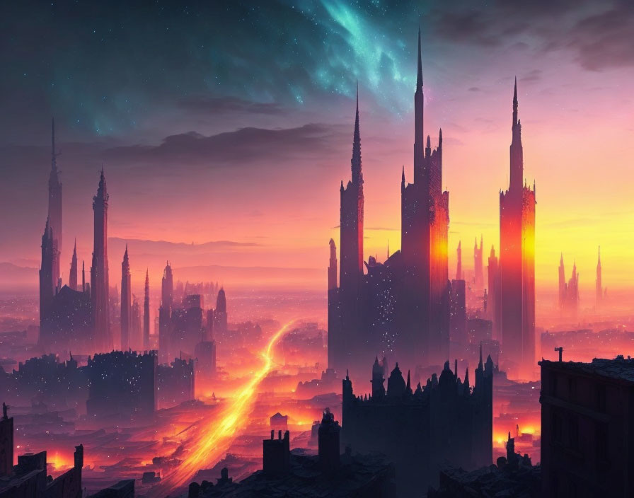 Futuristic cityscape with towering spires at dusk