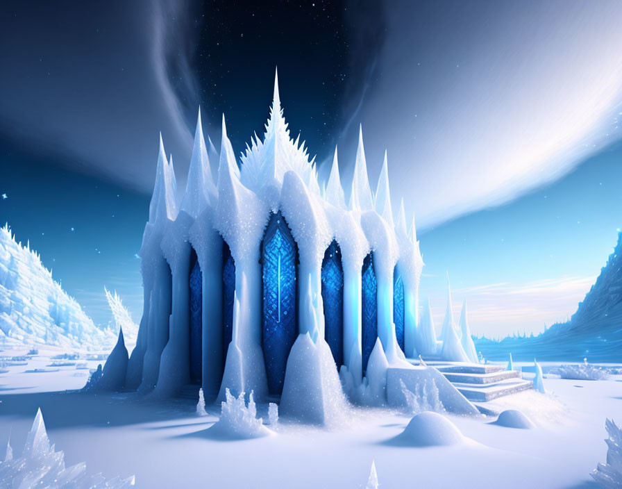 Fantastical ice castle with spiky towers in snowy landscape