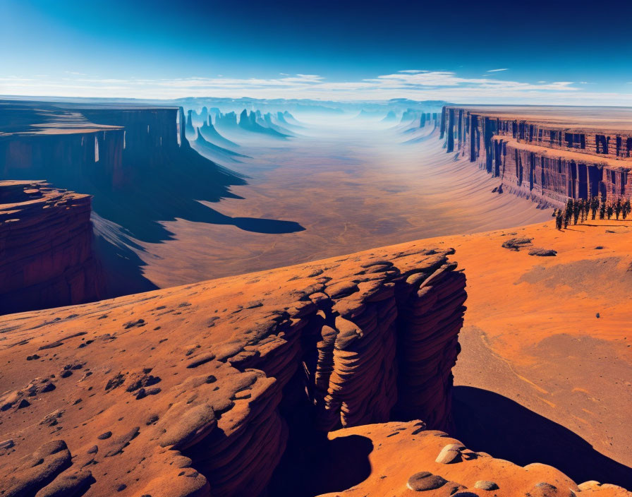 Desert landscape with towering cliffs and rock formations under blue sky