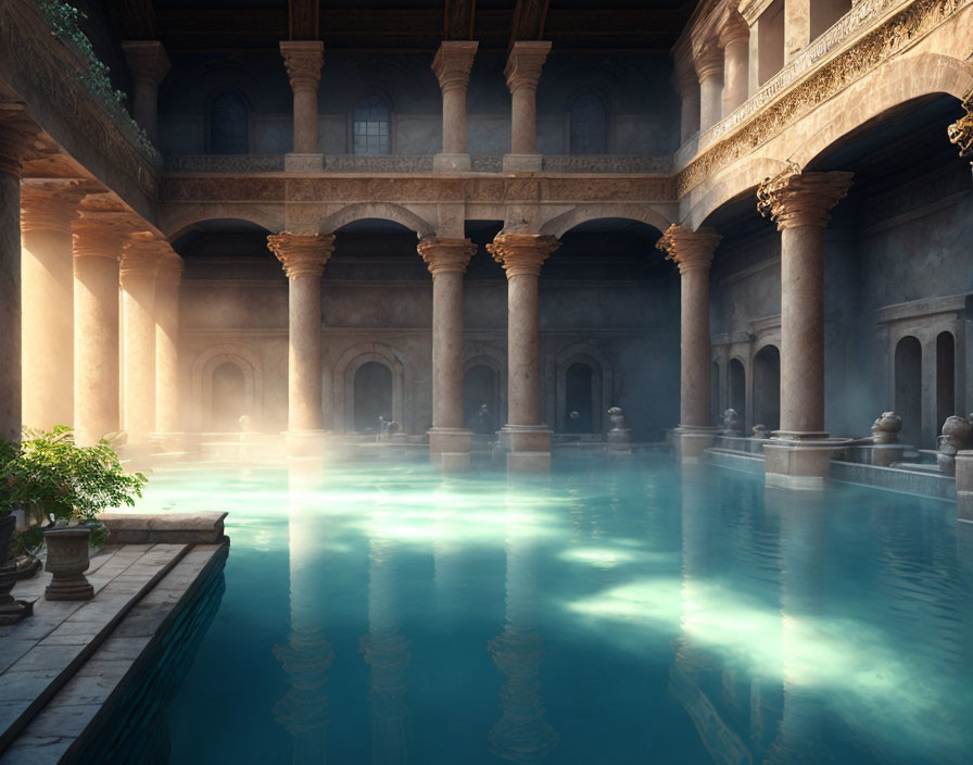 Roman Bathhouse: Stone Columns, Arches, Serene Pool - Soft Illumination