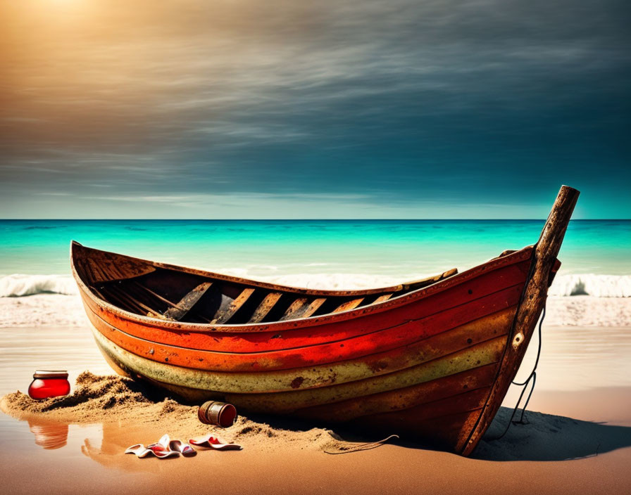 Weathered wooden boat on sandy beach with peeling red paint, turquoise sea, and seashells