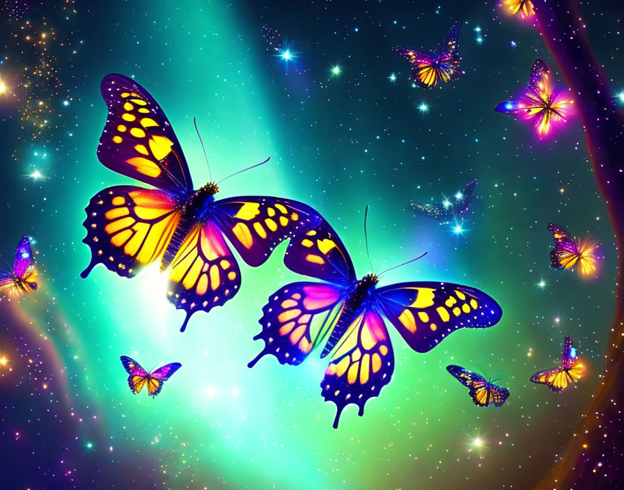 Colorful butterflies with glowing wings on cosmic background