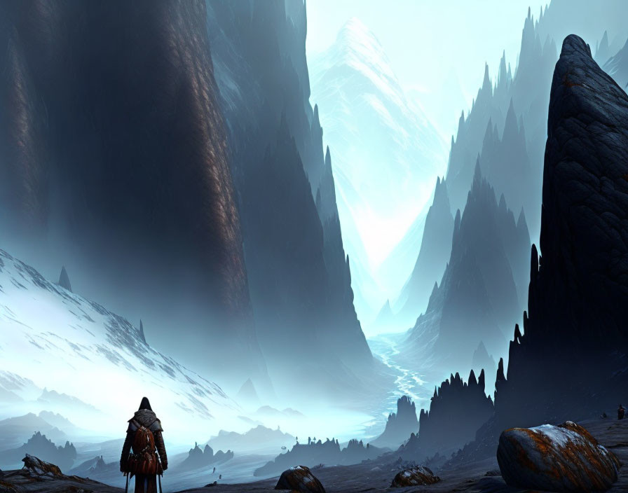 Figure in Alien Landscape: Sharp Mountains, Icy Terrain