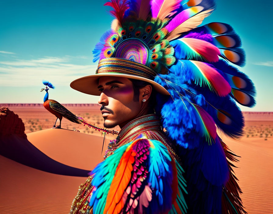 Colorful feathered headdress in desert scene with peacock.