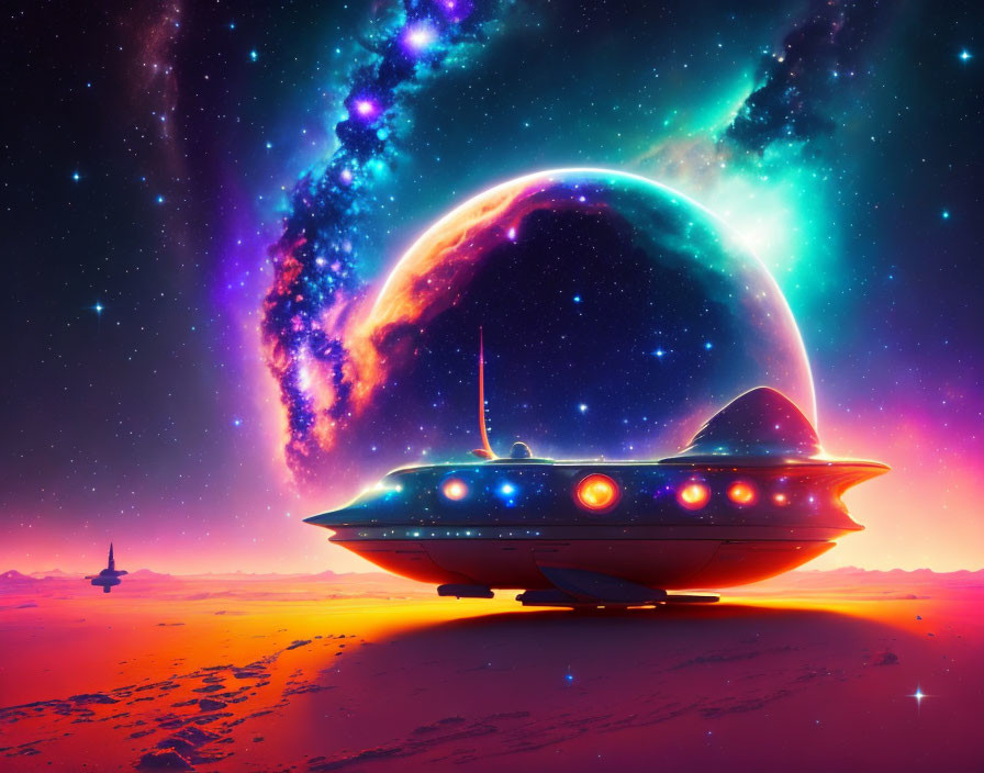 Sleek spaceship on alien planet with colorful sky