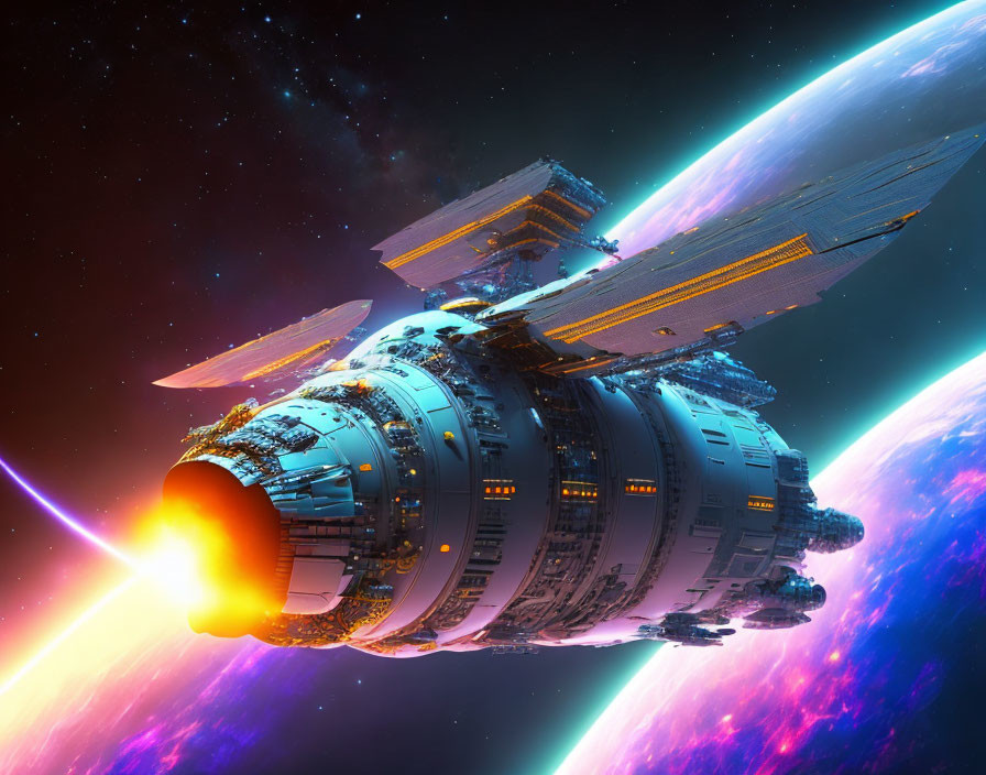 Intricate spaceship in space with colorful nebulae