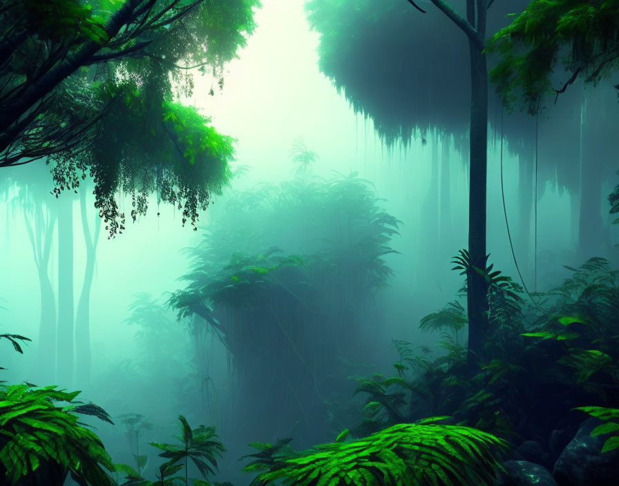 Tranquil misty green forest with dense foliage and sunlight piercing through fog