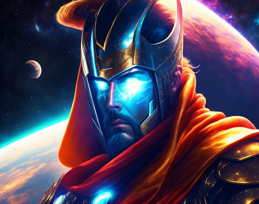 Futuristic warrior illustration with glowing blue visor and cosmic backdrop