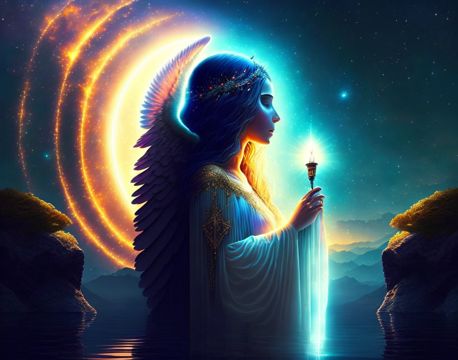 Blue-winged angel holding glowing lamp by water under celestial galaxy.