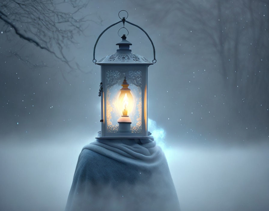 Winter landscape with glowing lantern in snowy fog