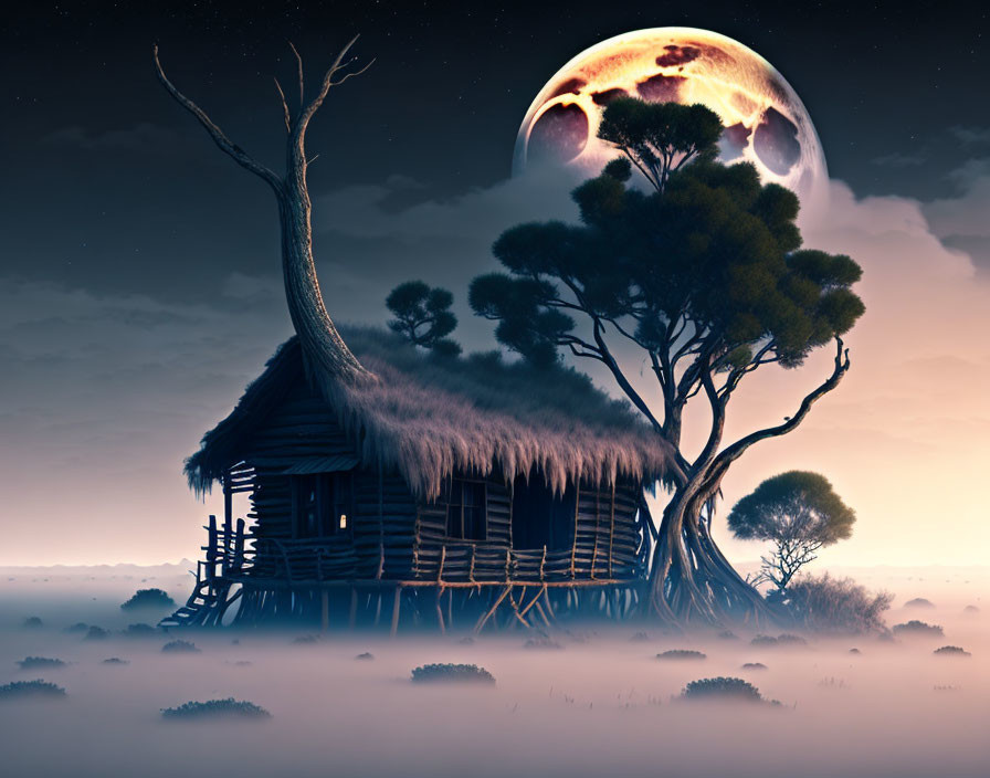 Moonlit Night Scene: Old Wooden Hut on Stilts Under Leafy Tree