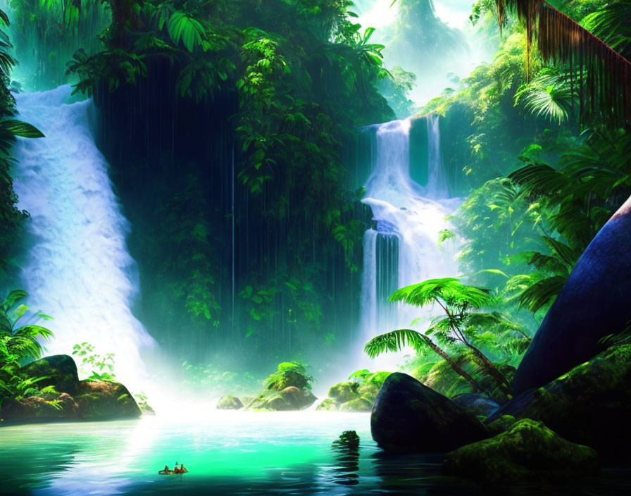 Digital artwork: Lush jungle with waterfall, foliage, mist, and boat