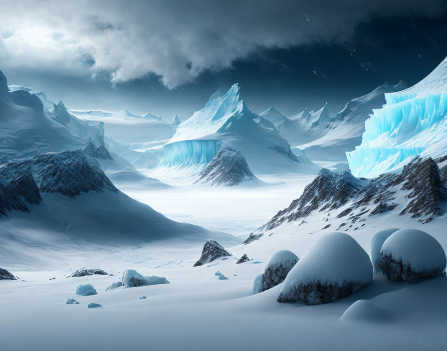 Snowy Arctic Landscape with Ice Formations and Mountains at Twilight