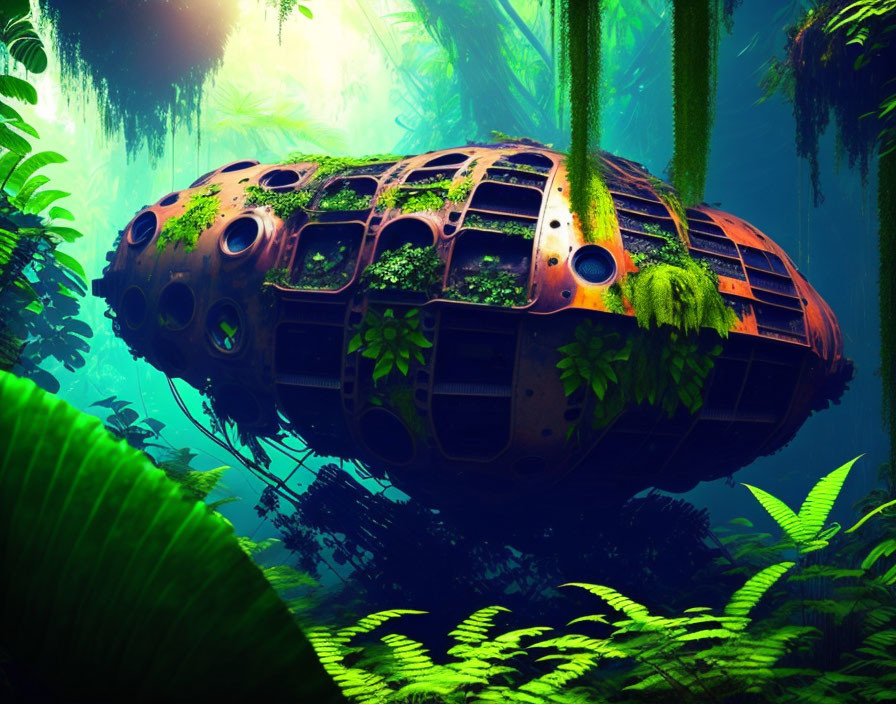 Rusted bus underwater with greenery and light beams