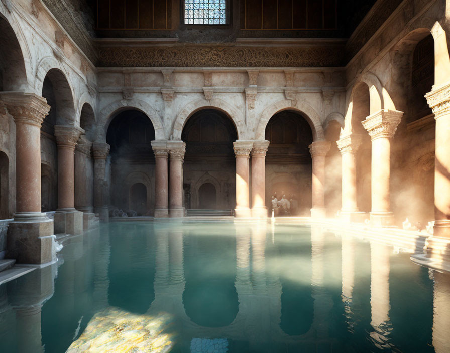 Sunlight illuminates ancient Roman bathhouse with stone arches